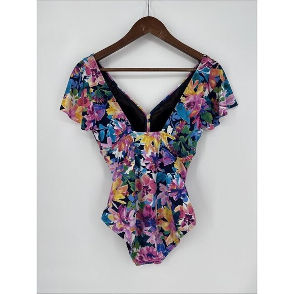Swim Solutions Size 10 Garden Dreams Floral Flutter Sleeve One Piece Swimsuit - Picture 3 of 6